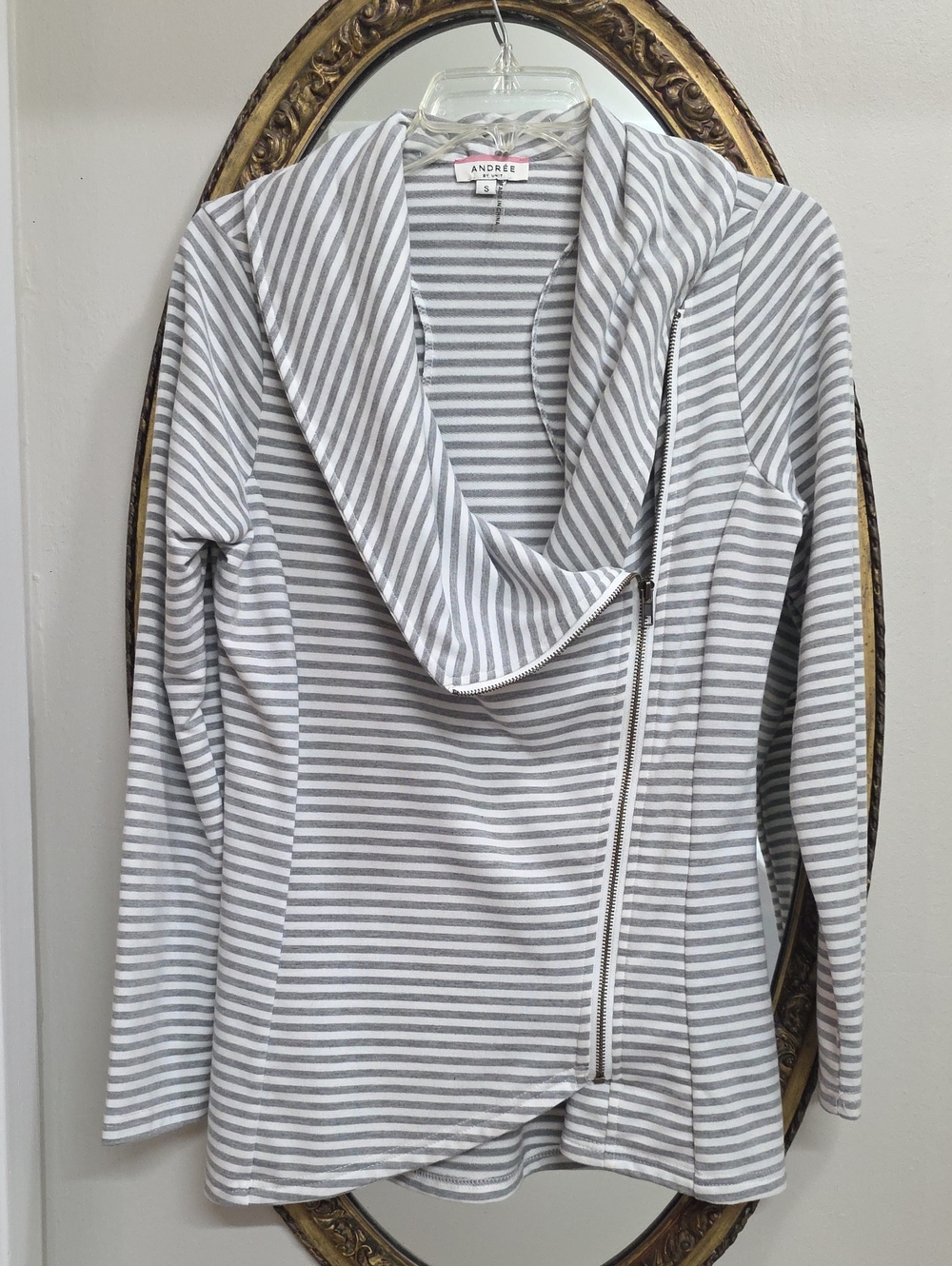 Andree By Unit Striped Moto Zip Jacket Gray White Top Size Small